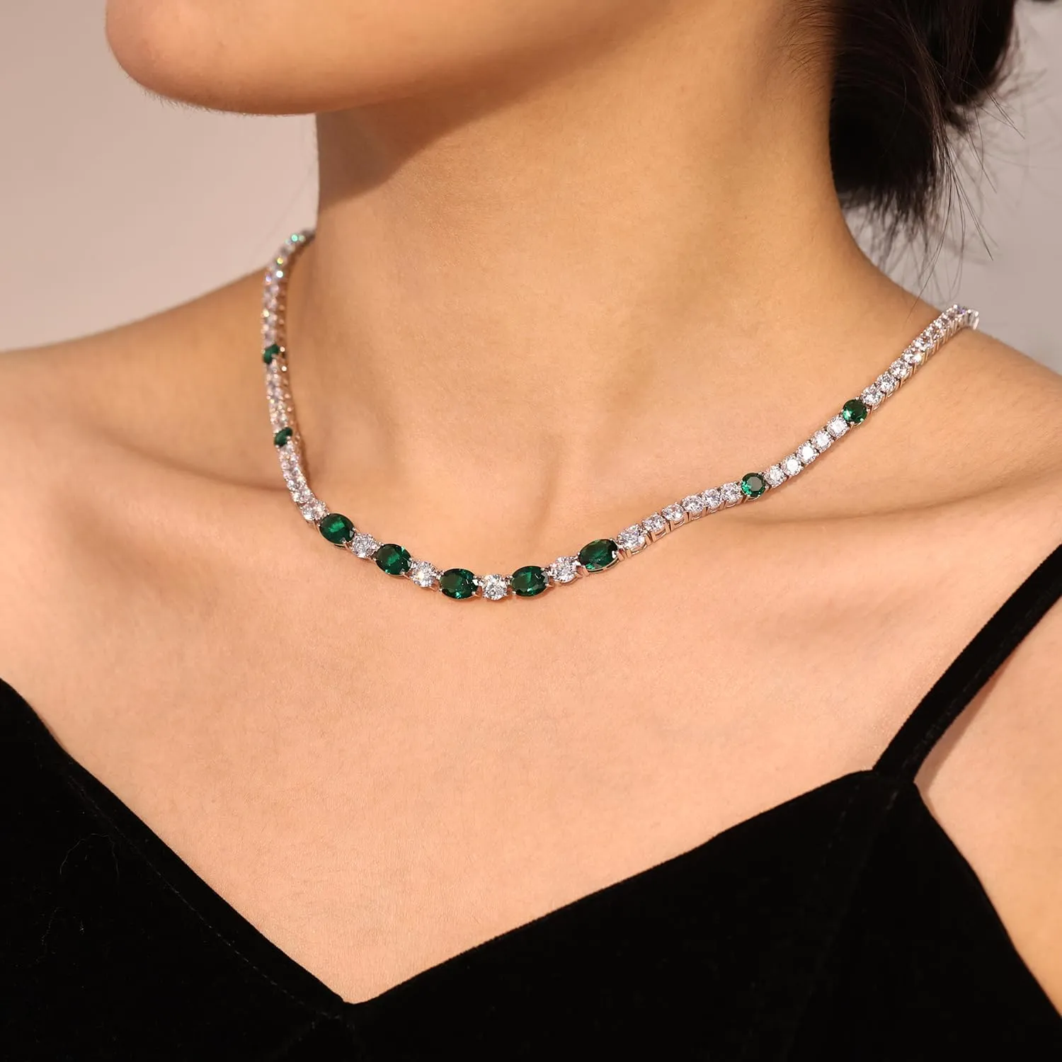 FANCIME Sterling Silver Tennis Necklace 4mm 18 inch Birthstone Necklace with 6 * 8mm Oval Gemstone Luxury Fine Birthday Jewelry Gifts for Women