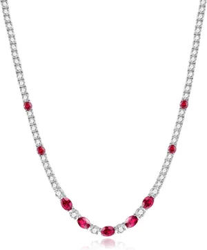 FANCIME Sterling Silver Tennis Necklace 4mm 18 inch Birthstone Necklace with 6 * 8mm Oval Gemstone Luxury Fine Birthday Jewelry Gifts for Women