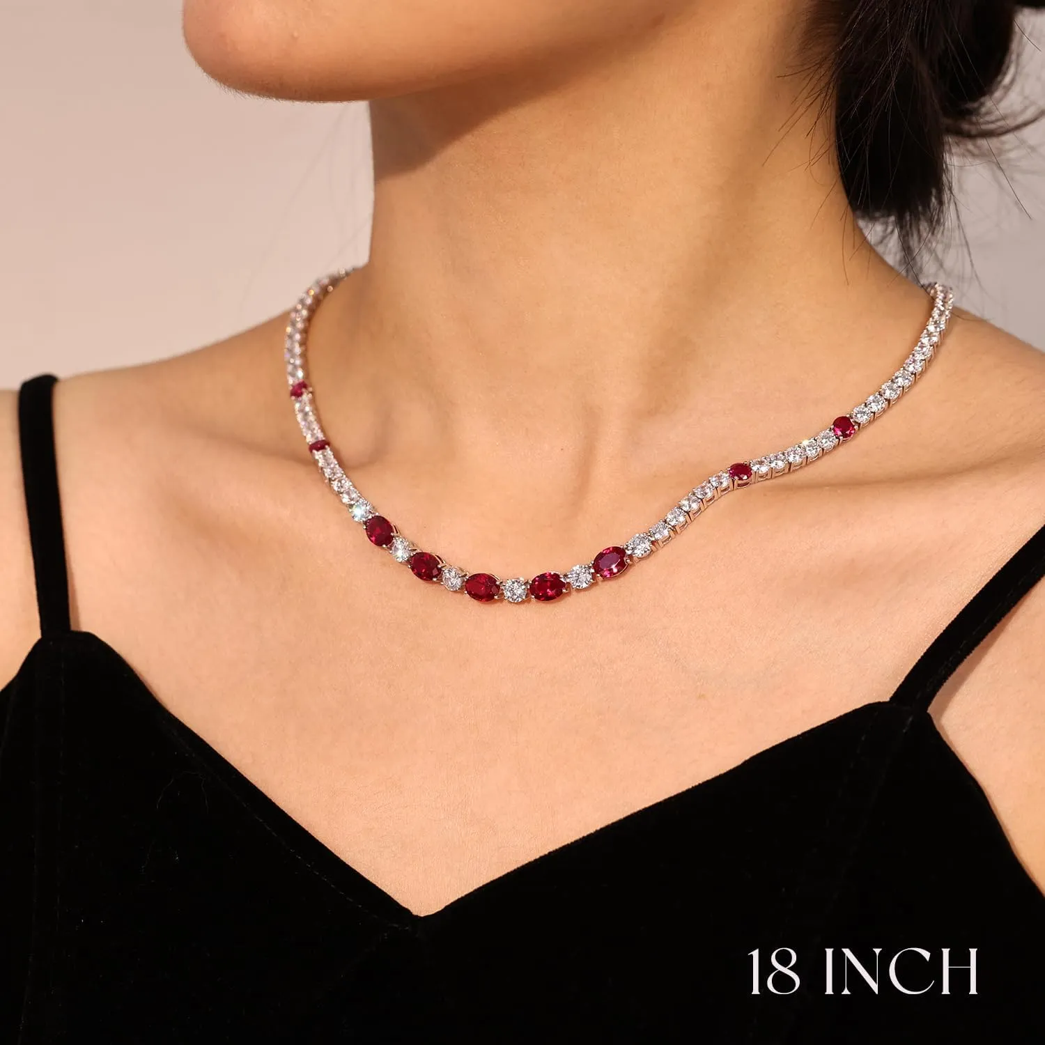 FANCIME Sterling Silver Tennis Necklace 4mm 18 inch Birthstone Necklace with 6 * 8mm Oval Gemstone Luxury Fine Birthday Jewelry Gifts for Women