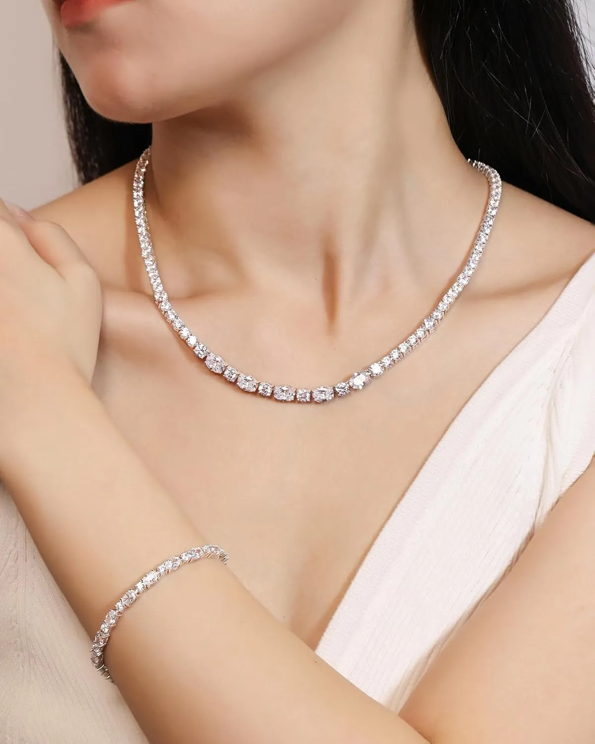 FANCIME Sterling Silver Tennis Necklace 4mm 18 inch Birthstone Necklace with 6 * 8mm Oval Gemstone Luxury Fine Birthday Jewelry Gifts for Women