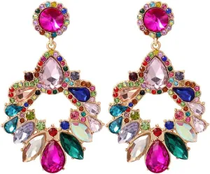 Fashion Rhinestone Sparkly Colorful Crystal Chandelier Drop Dangle Earrings Vintage Rhinestone Statement Cluster Flower Earrings for Women 1920s Bridal Wedding Costume Party Jewelry