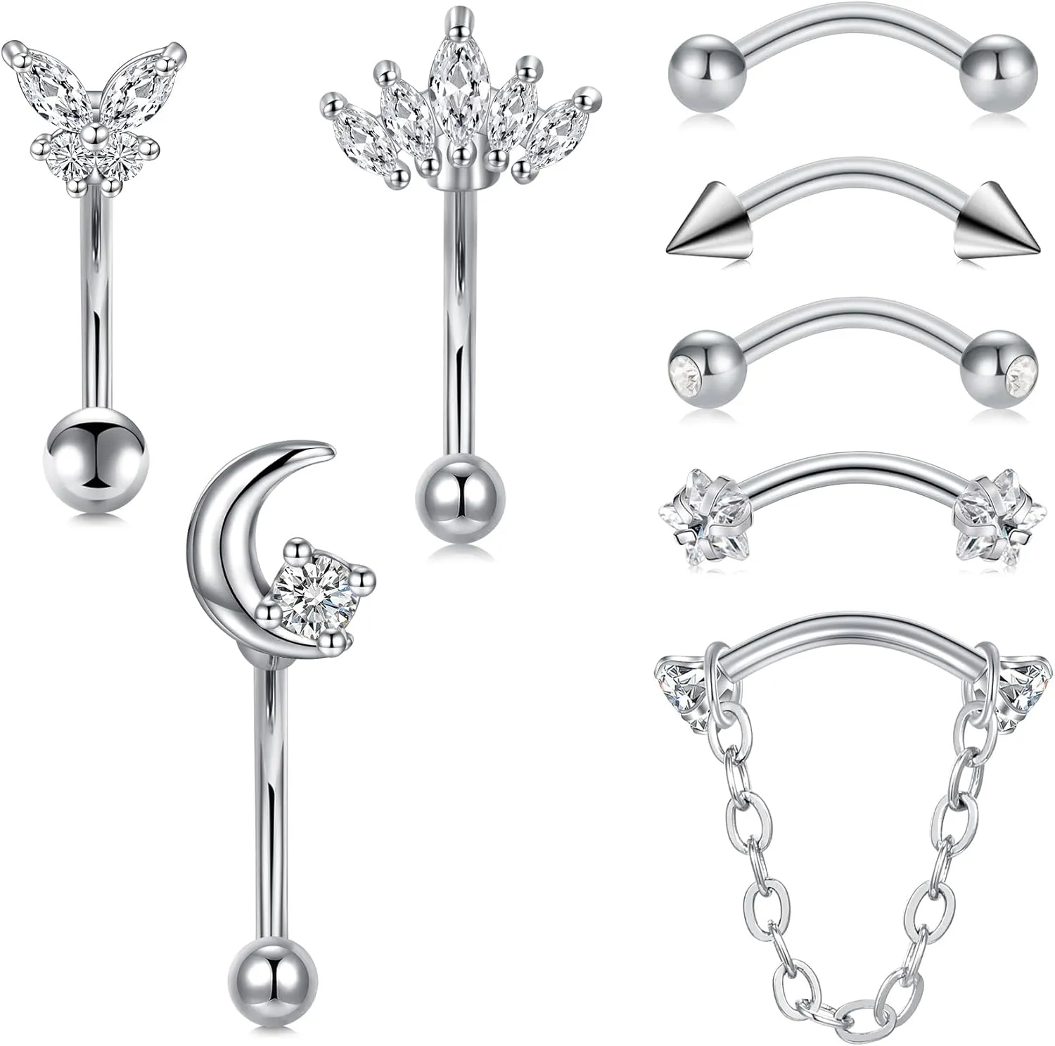FECTAS 16G 8PCS Rook Piercing Jewelry Eyebrow Rings for Women Rook Earrings Tragus Daith Cartilage Lip Belly Surface Curved Barbell Piercing Jewelry 10mm