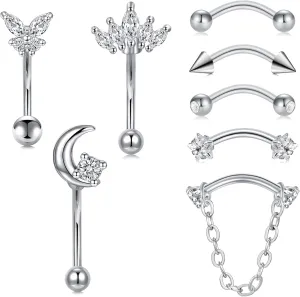 FECTAS 16G 8PCS Rook Piercing Jewelry Eyebrow Rings for Women Rook Earrings Tragus Daith Cartilage Lip Belly Surface Curved Barbell Piercing Jewelry 10mm