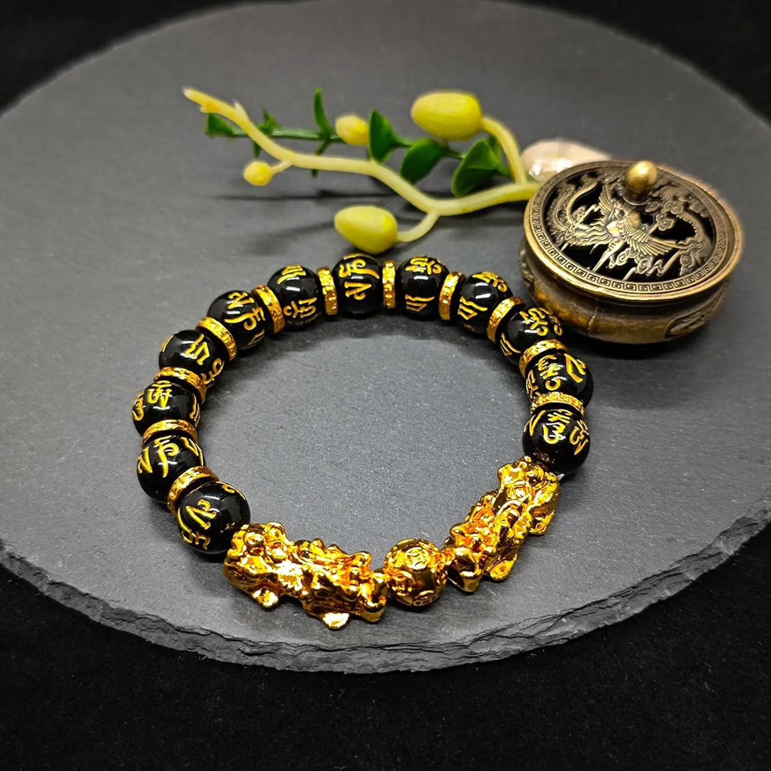 FengShui Wealth And Luck Bracelet, Feng Shui Black Obsidian Pixiu Wealth Bracelet Prosperity Buddha Beads Elastic Bracelets for Women Men Jewelry