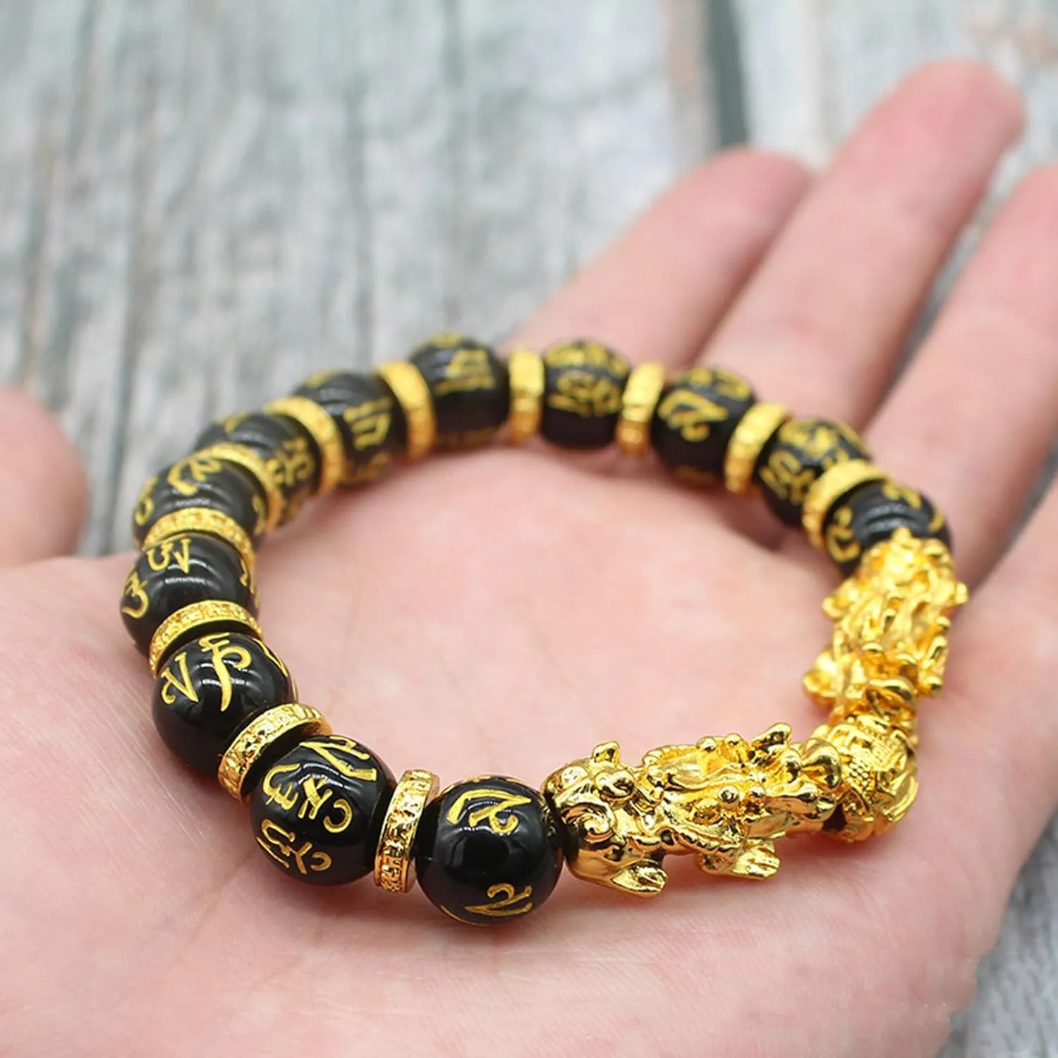 FengShui Wealth And Luck Bracelet, Feng Shui Black Obsidian Pixiu Wealth Bracelet Prosperity Buddha Beads Elastic Bracelets for Women Men Jewelry