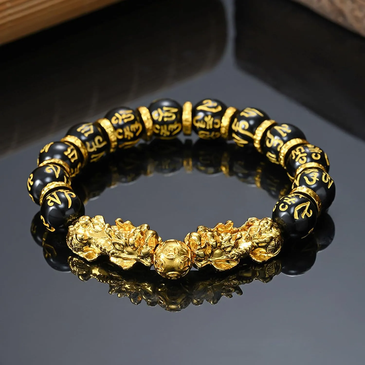FengShui Wealth And Luck Bracelet, Feng Shui Black Obsidian Pixiu Wealth Bracelet Prosperity Buddha Beads Elastic Bracelets for Women Men Jewelry
