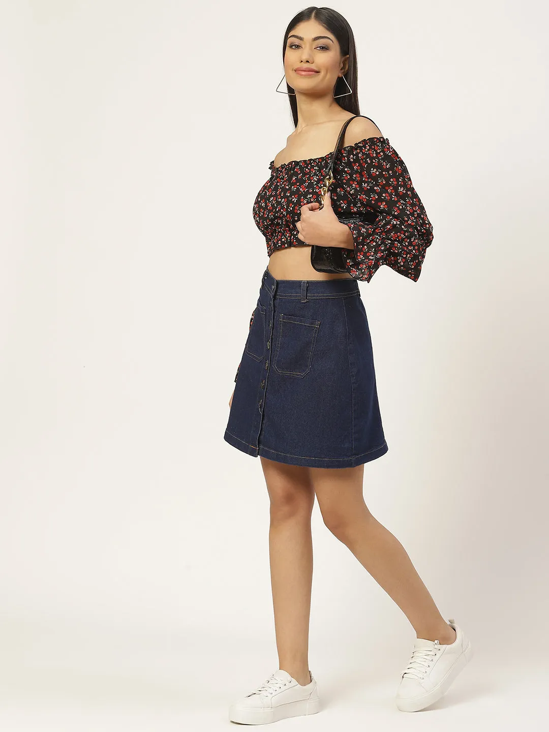 Floral Print Off-Shoulder Georgette Blouson Crop Top