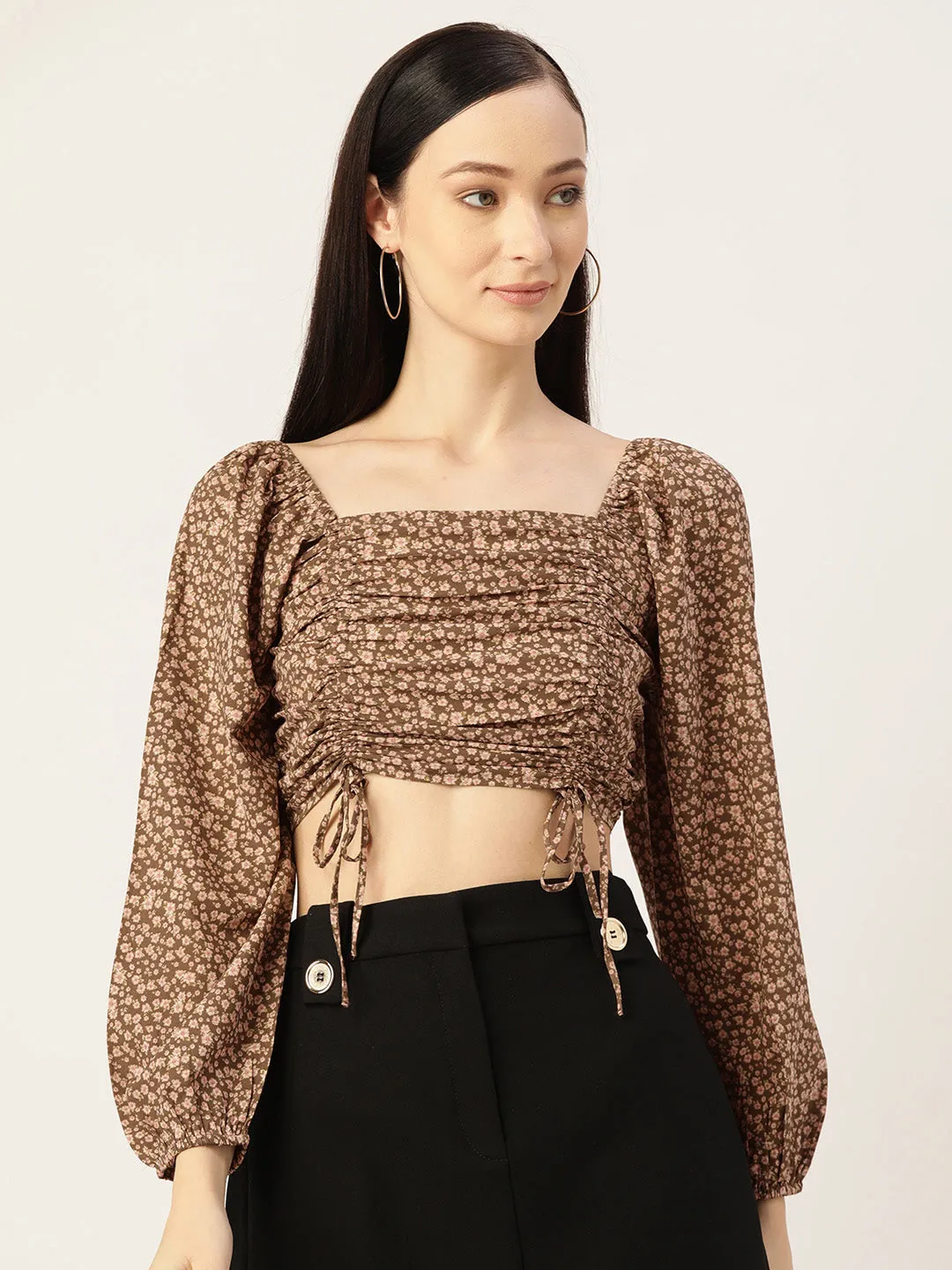 Floral Print Smocked Ruched Crop Top