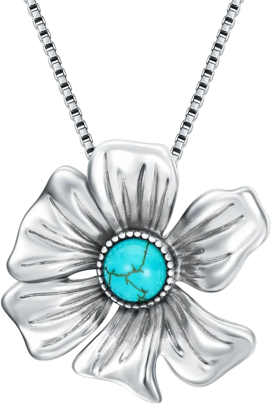 Flower Turquoise Pendant Necklace for Women, Sterling Silver Genuine Vintage Boho December Gemstone Birthstone Jewelry Gift