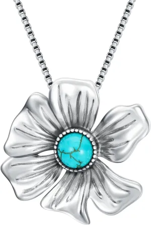 Flower Turquoise Pendant Necklace for Women, Sterling Silver Genuine Vintage Boho December Gemstone Birthstone Jewelry Gift