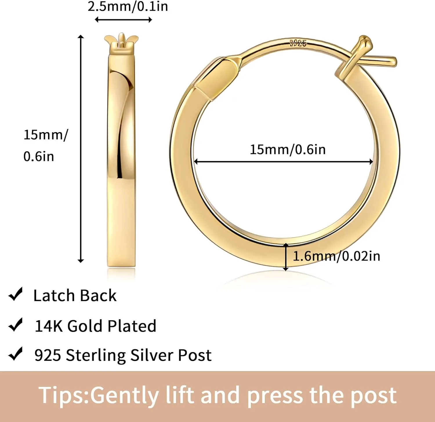 Gacimy Flatted Gold Hoop Earrings for Women 14K Real Gold Plated with 925 Sterling Silver Post