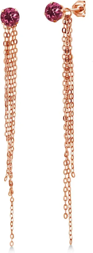 Gem Stone King 1.04 Ct Round 5mm Pink Tourmaline 18K Rose Gold Plated Silver Stud Extra Long Statement Enhancer Earrings 3.5 Inch