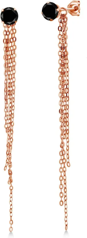 Gem Stone King 1.10 Ct Round Black AAA Diamond 18K Rose Gold Plated Silver Stud Extra Long Statement Enhancer Earrings 3.5 Inch