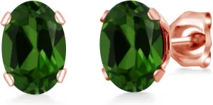 Gem Stone King 1.40 Ct 7x5mm Green Chrome Diopside Brass Rose Gold Plated Brass Stud Earrings For Women Men