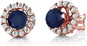 Gem Stone King 1.59 Ct Round Blue Sapphire 18K Rose Gold Plated Silver Stud Earrings with Jackets