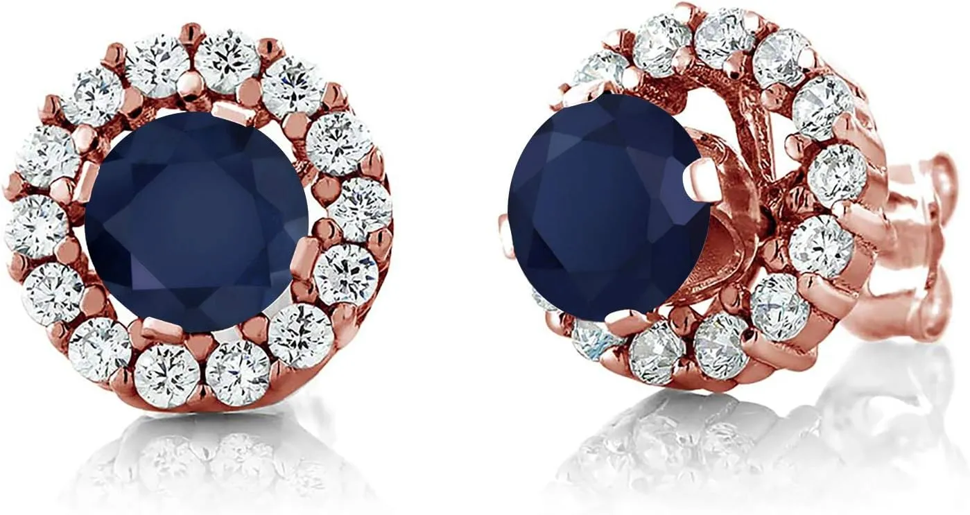 Gem Stone King 1.59 Ct Round Blue Sapphire 18K Rose Gold Plated Silver Stud Earrings with Jackets