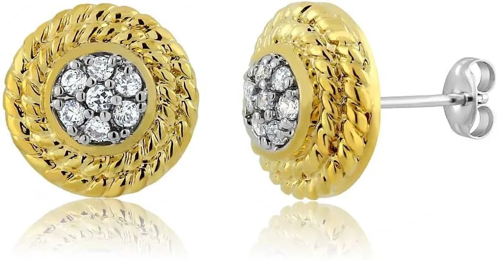 Gem Stone King 18K 2-Tone Gold Plated Silver Women Stud Earrings Set with Round White Zirconia