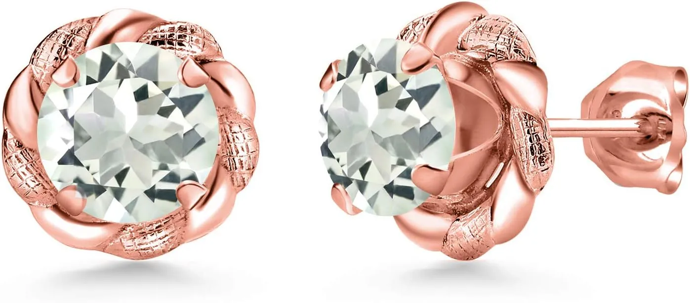 Gem Stone King 18K Rose Gold Plated Silver Green Prasiolite Flower Stud Earrings For Women Men (1.60 Cttw, Gemstone Birthstone, Round 6MM)