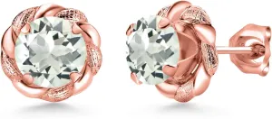 Gem Stone King 18K Rose Gold Plated Silver Green Prasiolite Flower Stud Earrings For Women Men (1.60 Cttw, Gemstone Birthstone, Round 6MM)