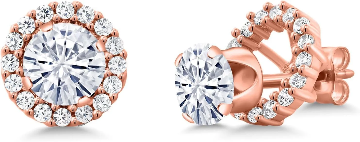 Gem Stone King 18K Rose Gold Plated Silver Removable Jacket Stud Earrings Set with Round 1.60cttw Moissanite
