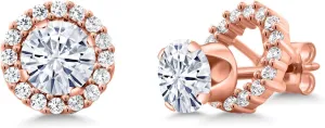 Gem Stone King 18K Rose Gold Plated Silver Removable Jacket Stud Earrings Set with Round 1.60cttw Moissanite