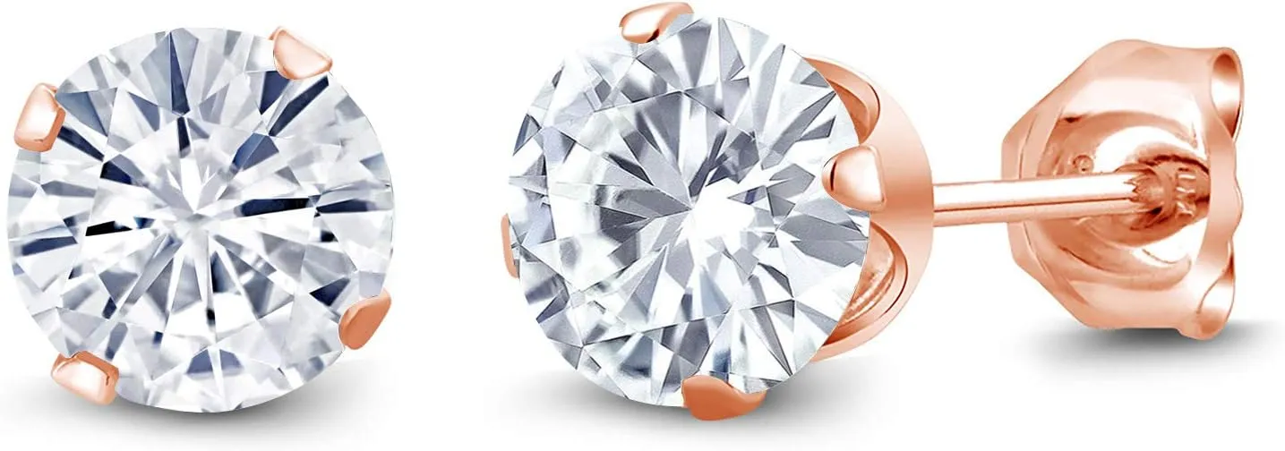 Gem Stone King 18K Rose Gold Plated Silver Stud Earrings For Women Men Set Round 1.00cttw Moissanite