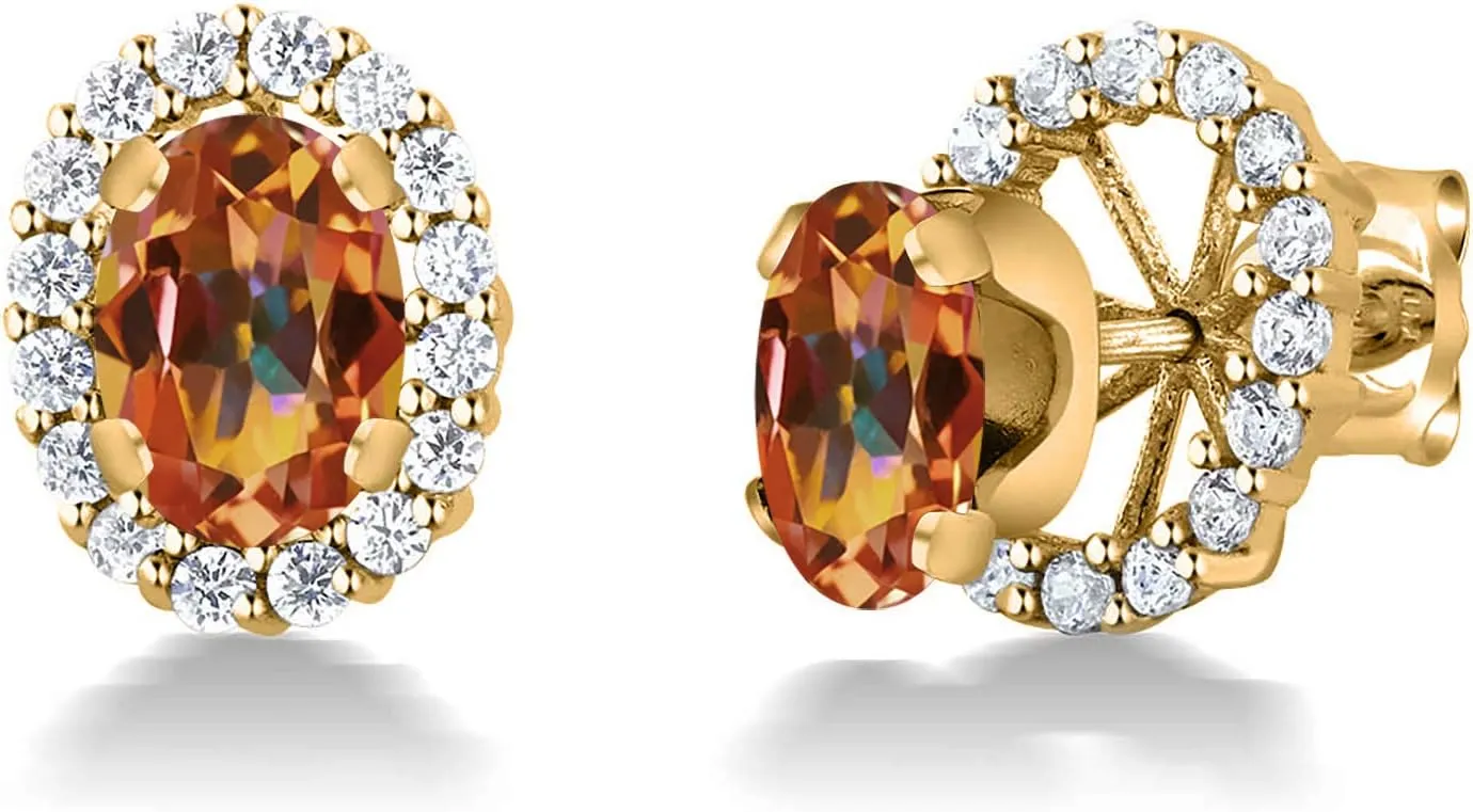 Gem Stone King 18K Yellow Gold Plated Silver Oval Ecstasy Mystic Topaz Removable Jacket Stud Earrings For Women