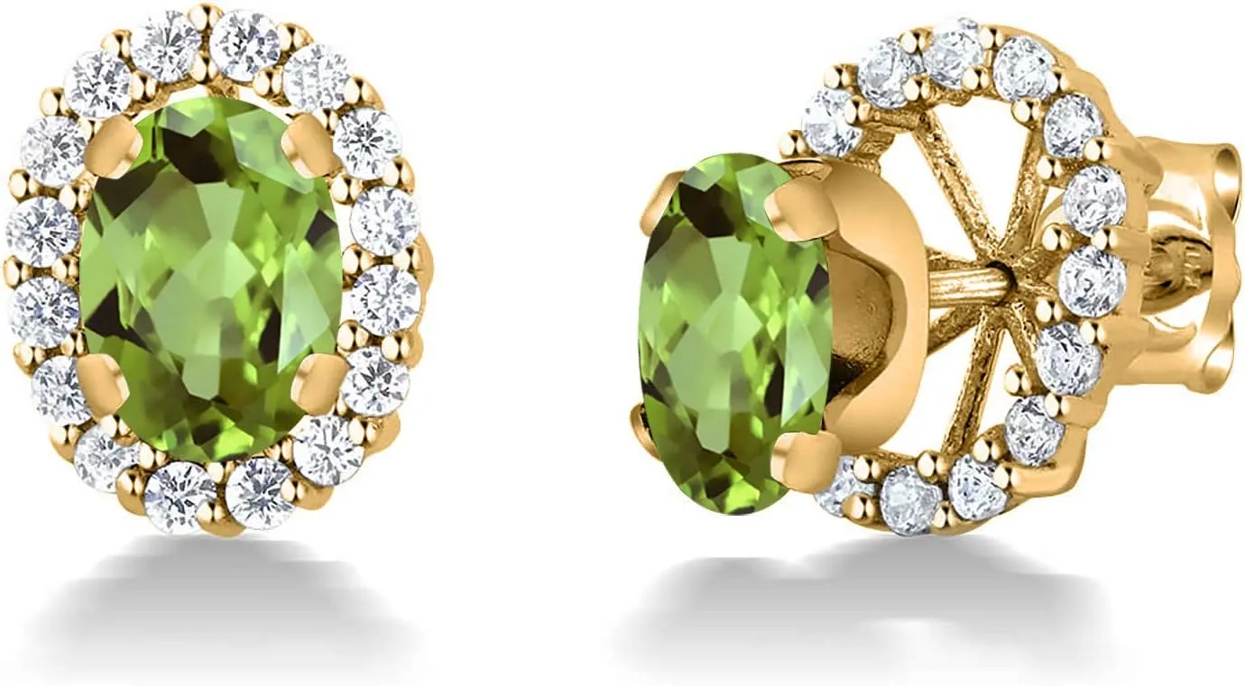 Gem Stone King 18K Yellow Gold Plated Silver Oval Green Peridot Removable Jacket Stud Earrings For Women