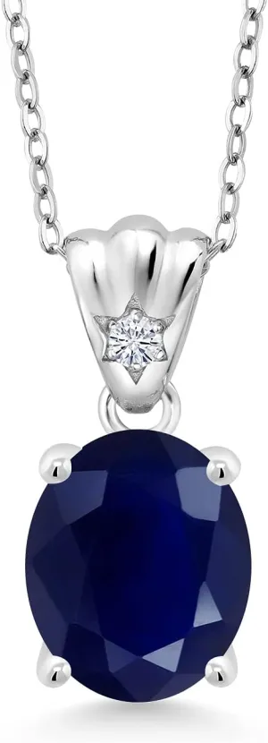Gem Stone King 925 Sterling Silver Blue Sapphire and Moissanite Pendant Necklace For Women (4.54 Cttw, Oval 11X9MM with 18 Inch Silver Chain)