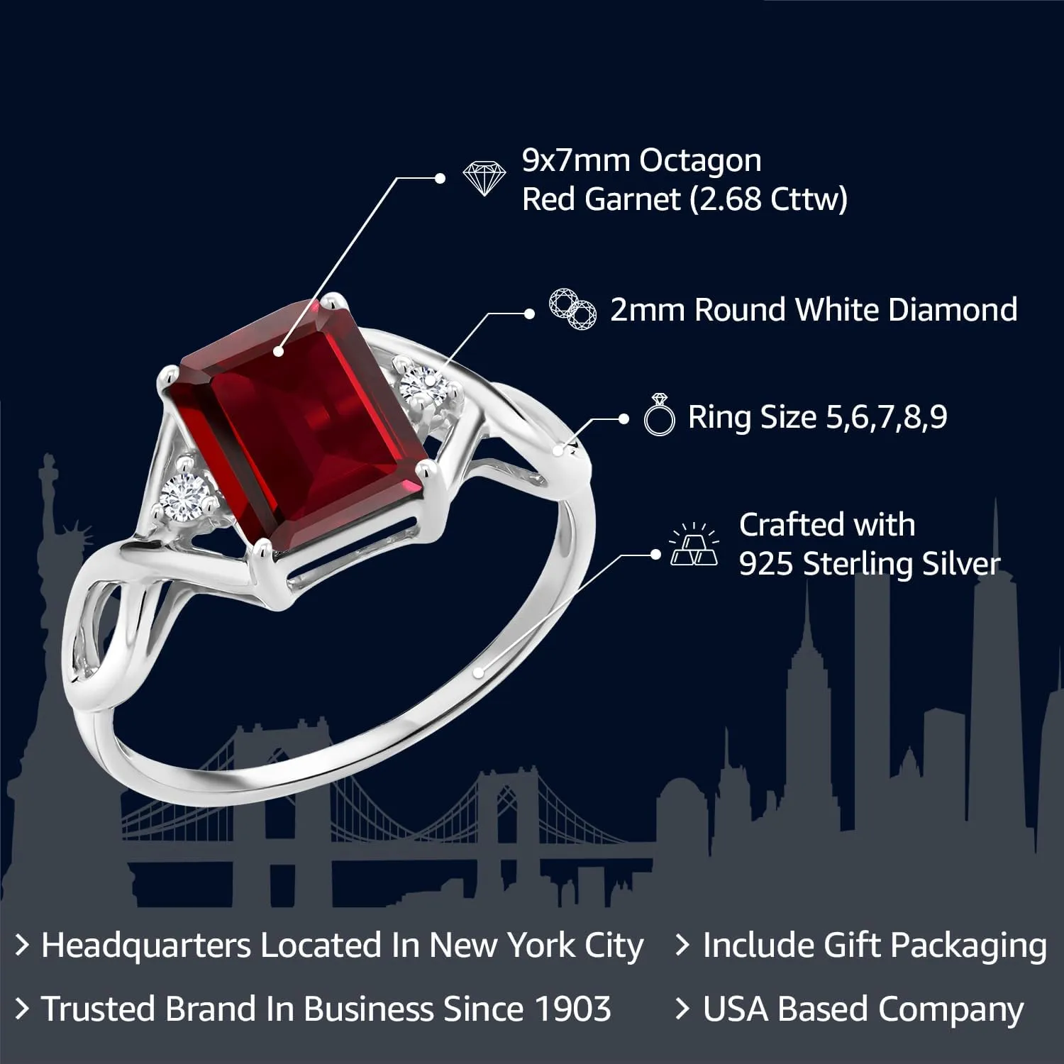 Gem Stone King 925 Sterling Silver Red Garnet and White Diamond Engagement Ring For Women (2.68 Cttw, Emerald Cut 9X7MM, Gemstone Birthstone, Available in Size 5,6,7,8,9)