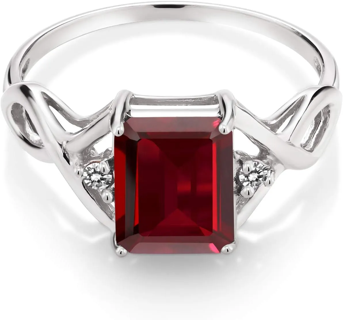 Gem Stone King 925 Sterling Silver Red Garnet and White Diamond Engagement Ring For Women (2.68 Cttw, Emerald Cut 9X7MM, Gemstone Birthstone, Available in Size 5,6,7,8,9)