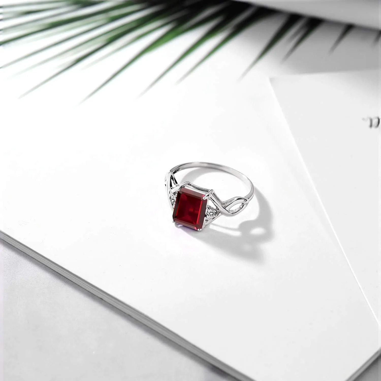 Gem Stone King 925 Sterling Silver Red Garnet and White Diamond Engagement Ring For Women (2.68 Cttw, Emerald Cut 9X7MM, Gemstone Birthstone, Available in Size 5,6,7,8,9)