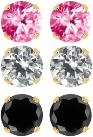 Gem Stone King Set of 3 Round 6mm White Pink and Black CZ 18K Gold Plated Stud Earrings For Women Men Set