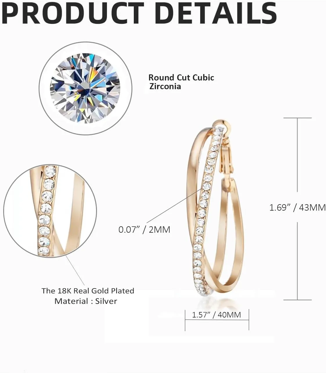 Gemini Women's Jewerly 18k Yellow Gold Filled CZ Diamonds Hoop Earrings Valentine's Day Gifts Gm032Yg 1.5 inches