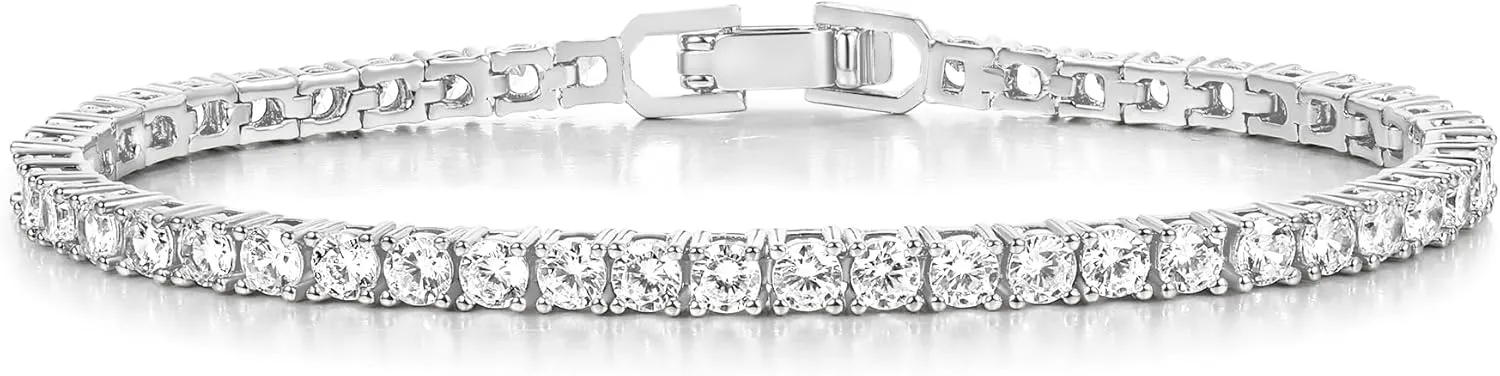 Gemsme 4 Prong Tennis Bracelet, 18K White/Yellow Gold Plated 3mm Round Cubic Zirconia Bracelet for Women Size 6-8.5 Inch