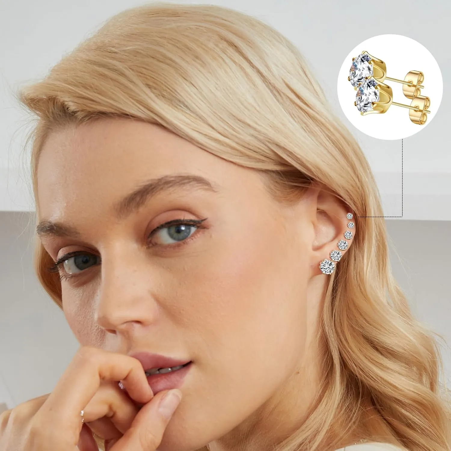 Gemsme 5 Pairs Princess Cut Cubic Zirconia Stud Earrings for Women/Men - 18K Gold Plated Hypoallergenic 3-7mm Square Clear CZ Earring Set