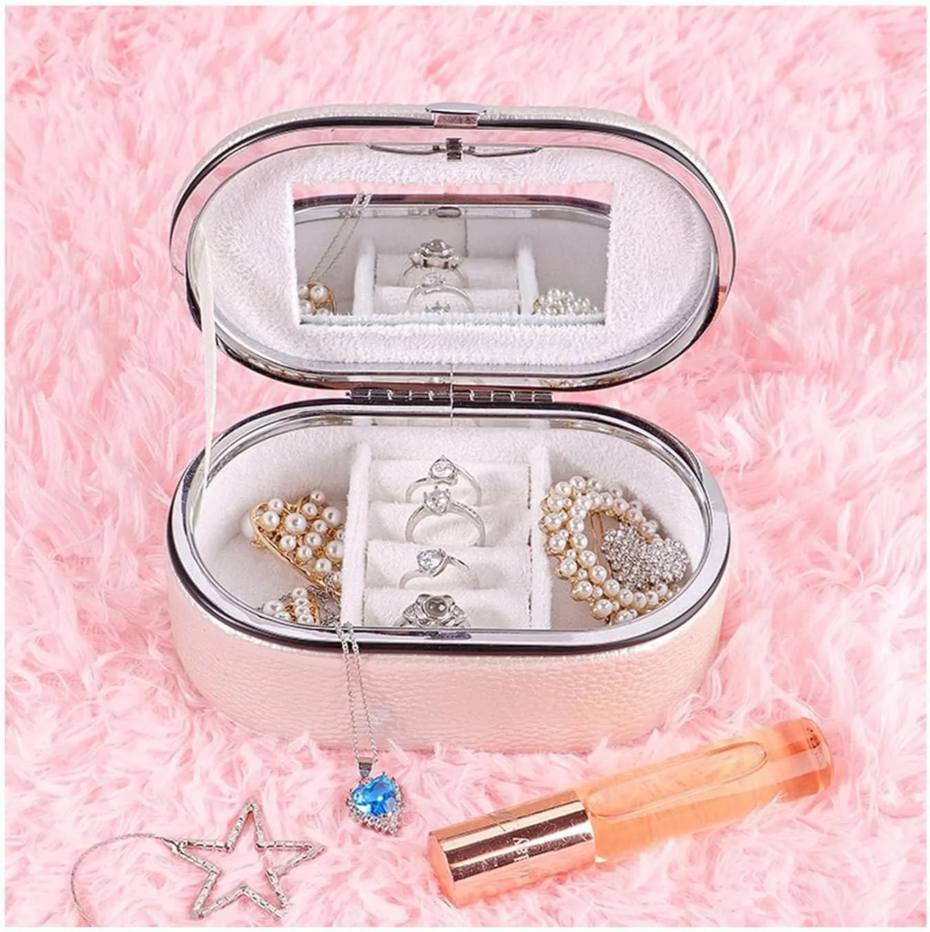 GENTI Travel Jewelry Box Organizer, Travel Jewelry Case, Small Jewelry Organizer Box, PU Leather Portable Jewellery Case with Mirror for Earrings Necklaces Rings Gifts for Girls Women (WHITE)