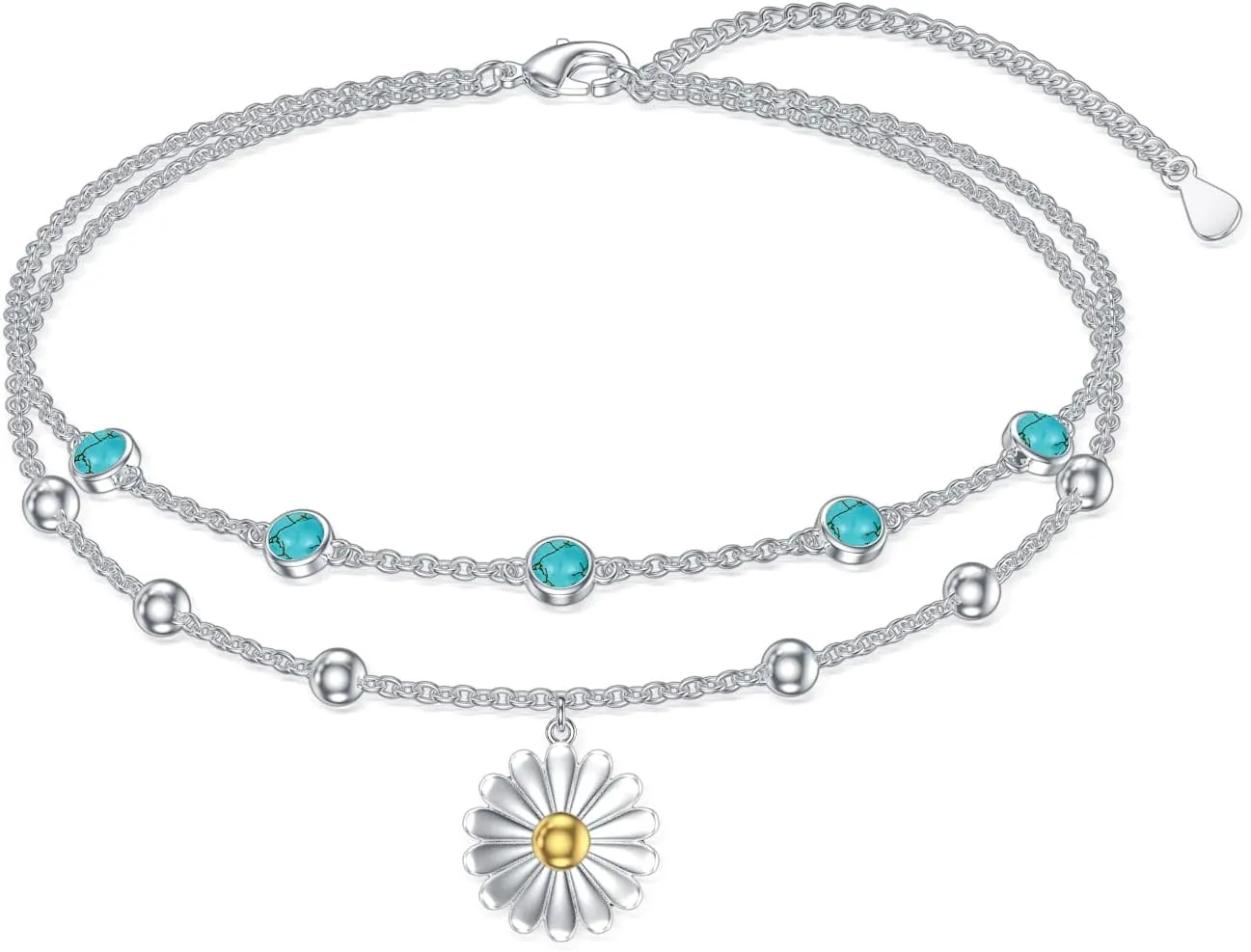 Genuine Turquoise Anklet with Daisy, Sterling Silver Summer Beach Dainty Bohemia Nature Gemstone Jewelry for Women, 9 2''