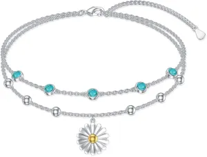 Genuine Turquoise Anklet with Daisy, Sterling Silver Summer Beach Dainty Bohemia Nature Gemstone Jewelry for Women, 9 2''