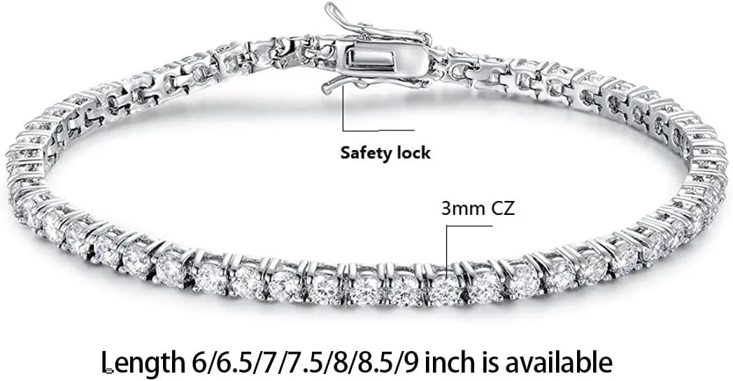 GMESME 18K White Gold Plated 3.0mm Cubic Zirconia Classic Tennis Bracelet 6/6.5/7/7.5/8/8.5/9 Inch