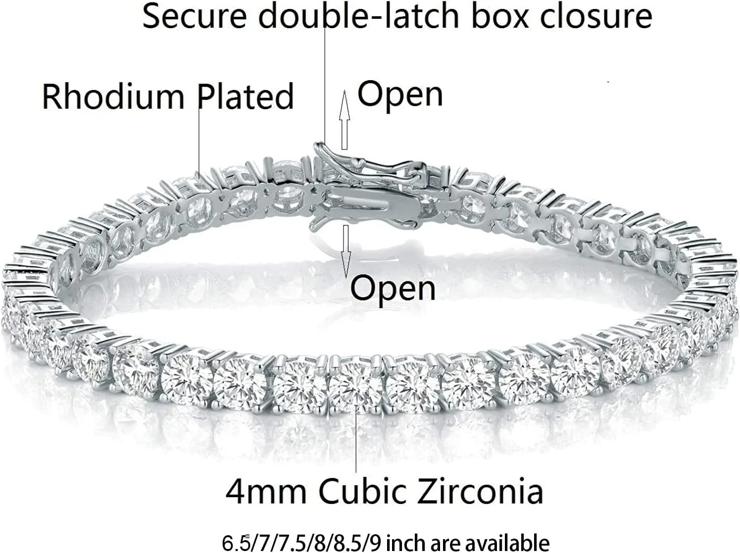 GMESME 18K White Gold Plated 4.0 Round Cubic Zirconia Classic Tennis Bracelet 6/6.5/7/7.5/8/8.5/9 Inch