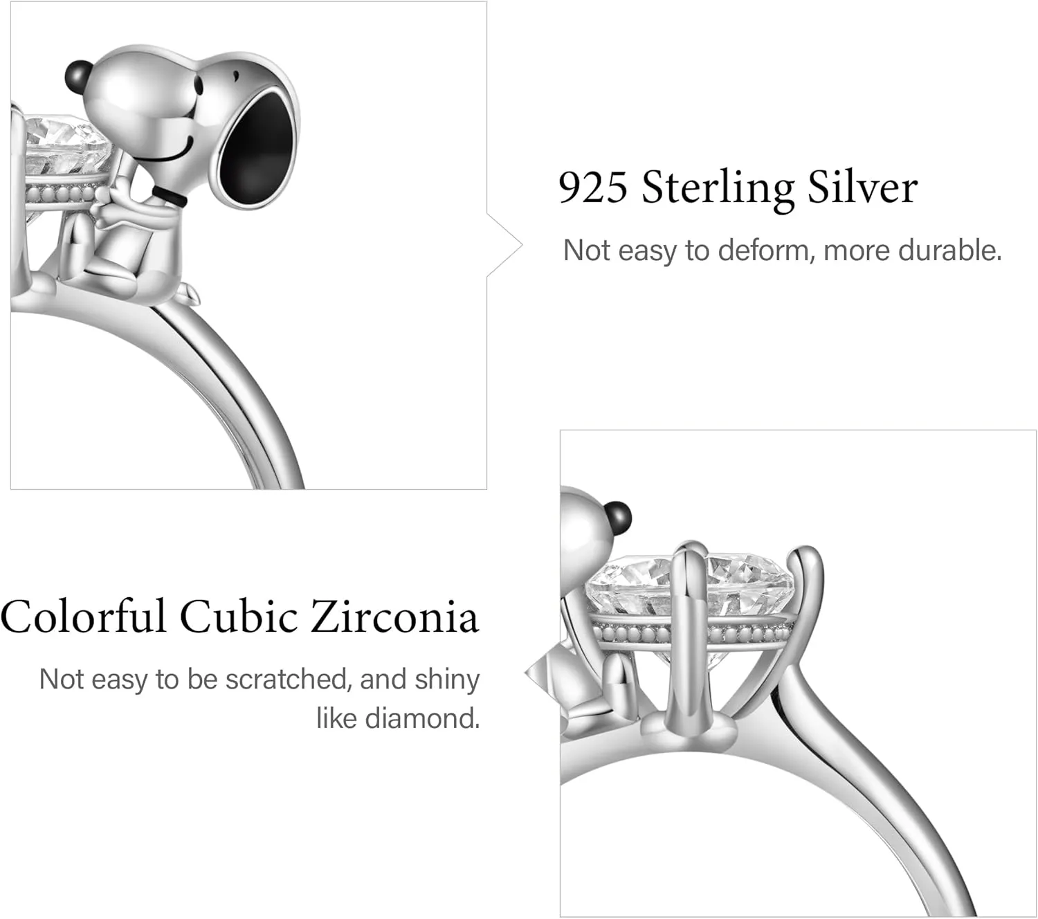 GNOCE Peanuts Snoopy Hug White Diamond Ring for Women, S925 Sterling Silver Ring for Her Wife, Valentines Day, Mothers Day Jewelry