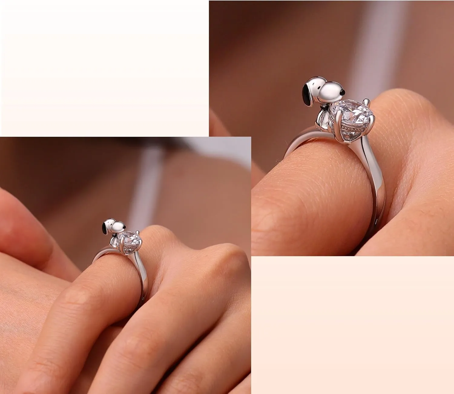 GNOCE Peanuts Snoopy Hug White Diamond Ring for Women, S925 Sterling Silver Ring for Her Wife, Valentines Day, Mothers Day Jewelry