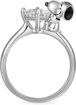 GNOCE Peanuts Snoopy Hug White Diamond Ring for Women, S925 Sterling Silver Ring for Her Wife, Valentines Day, Mothers Day Jewelry