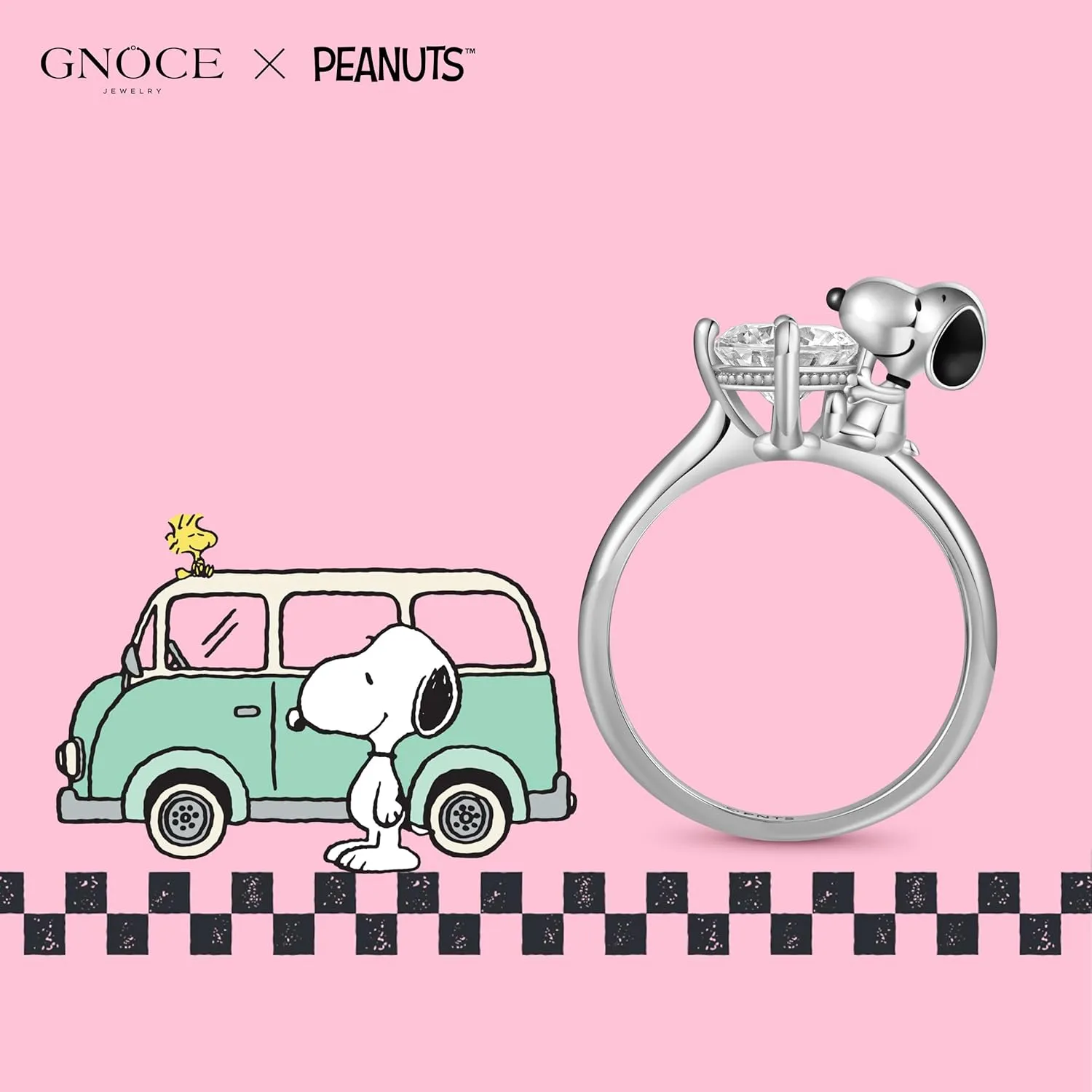 GNOCE Peanuts Snoopy Hug White Diamond Ring for Women, S925 Sterling Silver Ring for Her Wife, Valentines Day, Mothers Day Jewelry