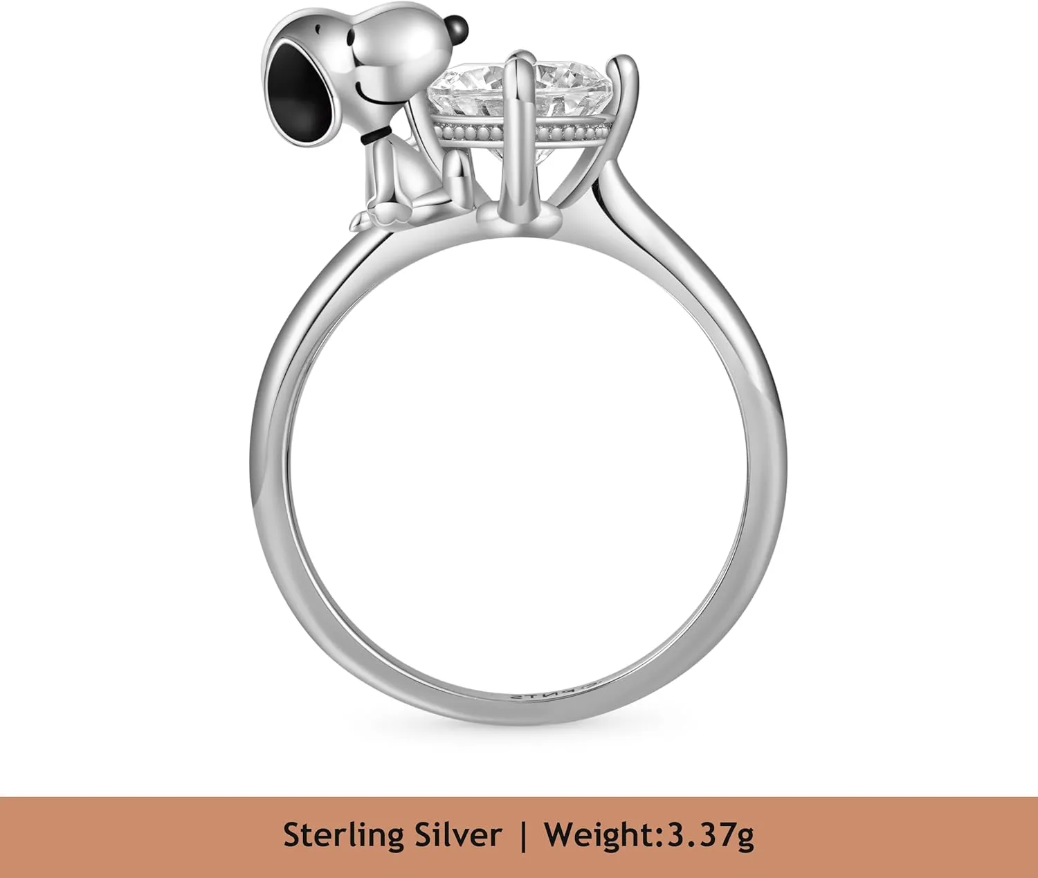 GNOCE Peanuts Snoopy Hug White Diamond Ring for Women, S925 Sterling Silver Ring for Her Wife, Valentines Day, Mothers Day Jewelry