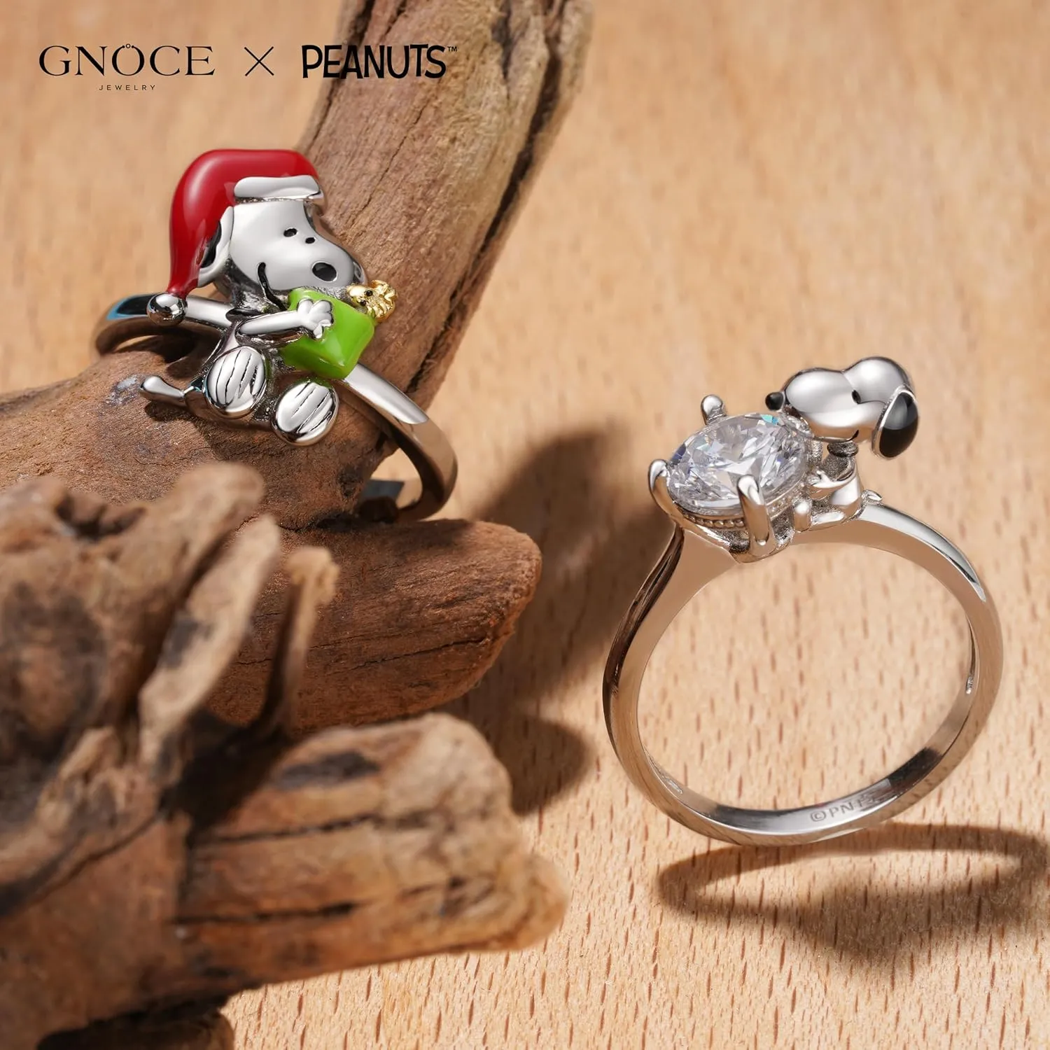 GNOCE Peanuts Snoopy Hug White Diamond Ring for Women, S925 Sterling Silver Ring for Her Wife, Valentines Day, Mothers Day Jewelry