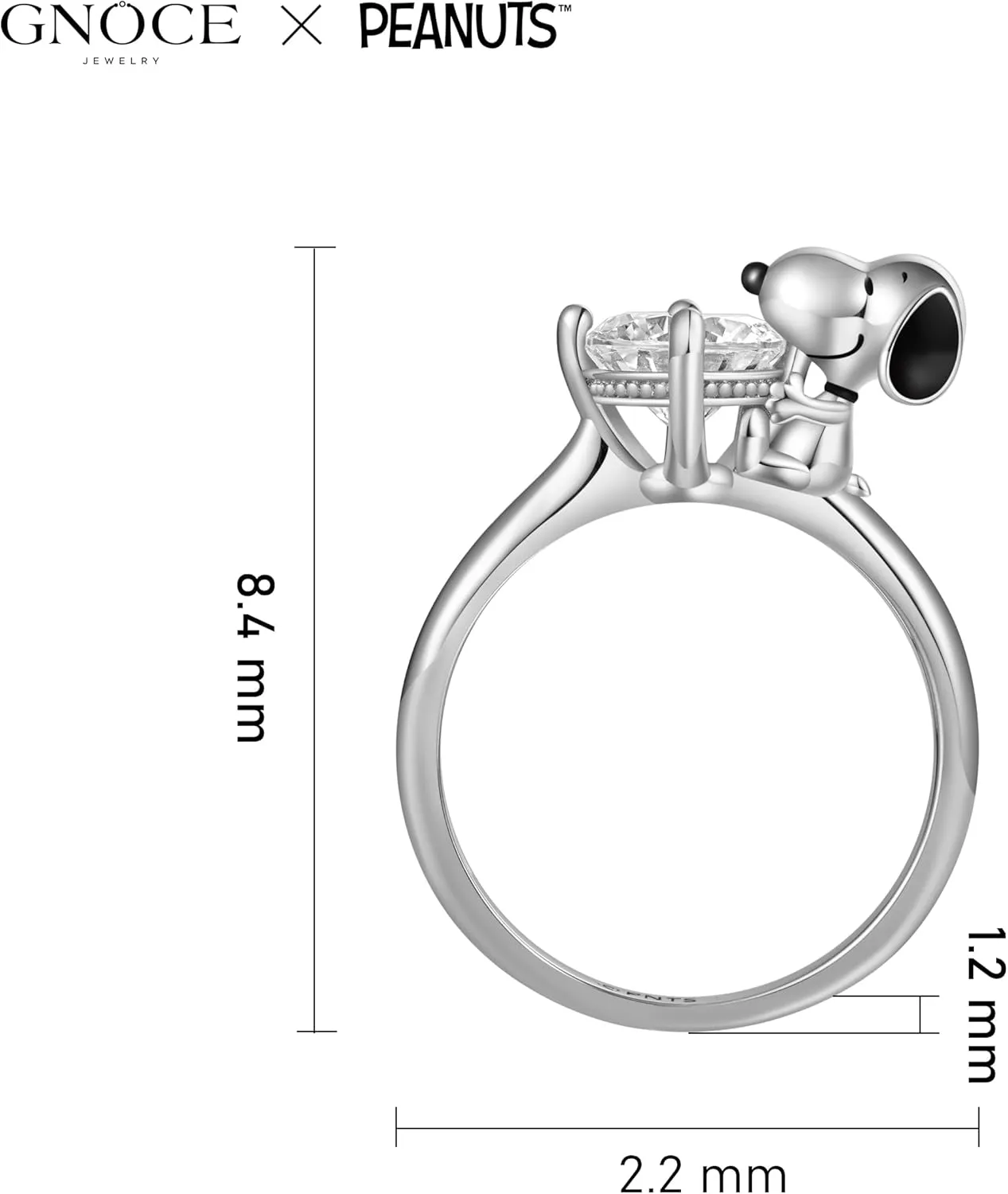 GNOCE Peanuts Snoopy Hug White Diamond Ring for Women, S925 Sterling Silver Ring for Her Wife, Valentines Day, Mothers Day Jewelry