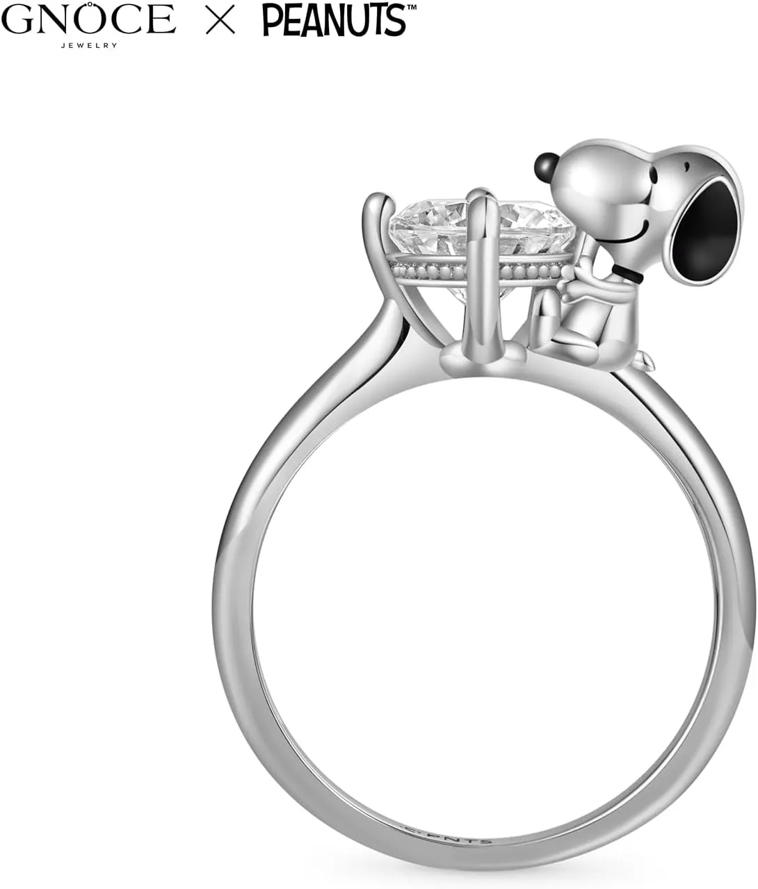 GNOCE Peanuts Snoopy Hug White Diamond Ring for Women, S925 Sterling Silver Ring for Her Wife, Valentines Day, Mothers Day Jewelry