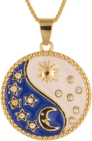 Gold Moon Sun Pendant Necklace for Women, Retro Yin Yang Necklace, Vintage Stainless Steel Tarot Card Necklace Sun Moon Enamel Pendant Necklace for Women Men, Maya civilization Necklaces (Style A)